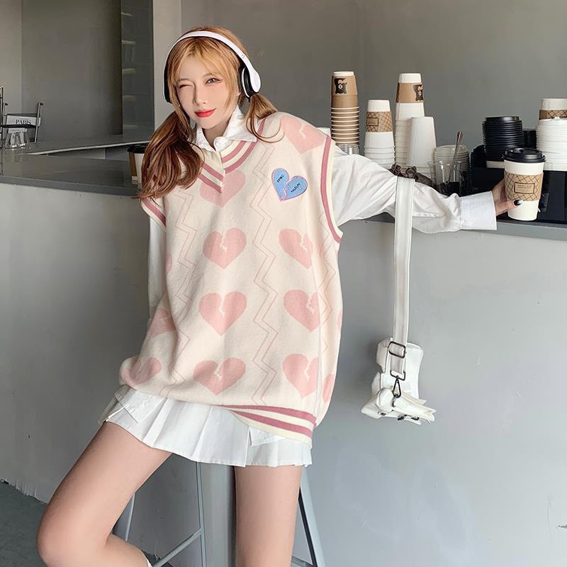 Áo gile len nữ đẹp form rộng cổ V họa tiết trái tim hồng kiểu hàn ulzzang thời trang GALY VN