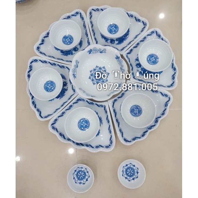 Bộ bát đĩa hoa mặt trời men lam bày cơm cúng ( Rồng phượng )
