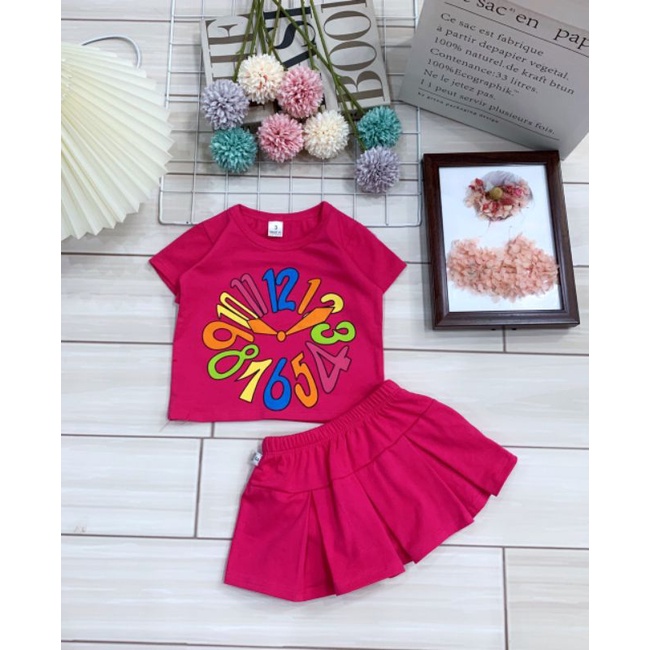Bộ Bé Gái Áo Cộc Tay Chân Váy Kèm Chíp Cotton 4 Chiều 10-24kg XK