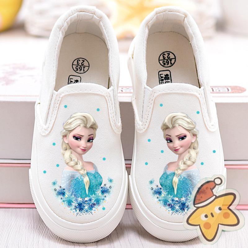 Giày Canvas Màu Trắng In Hình Công Chúa Elsa Cho Bé Gái Tiểu Học