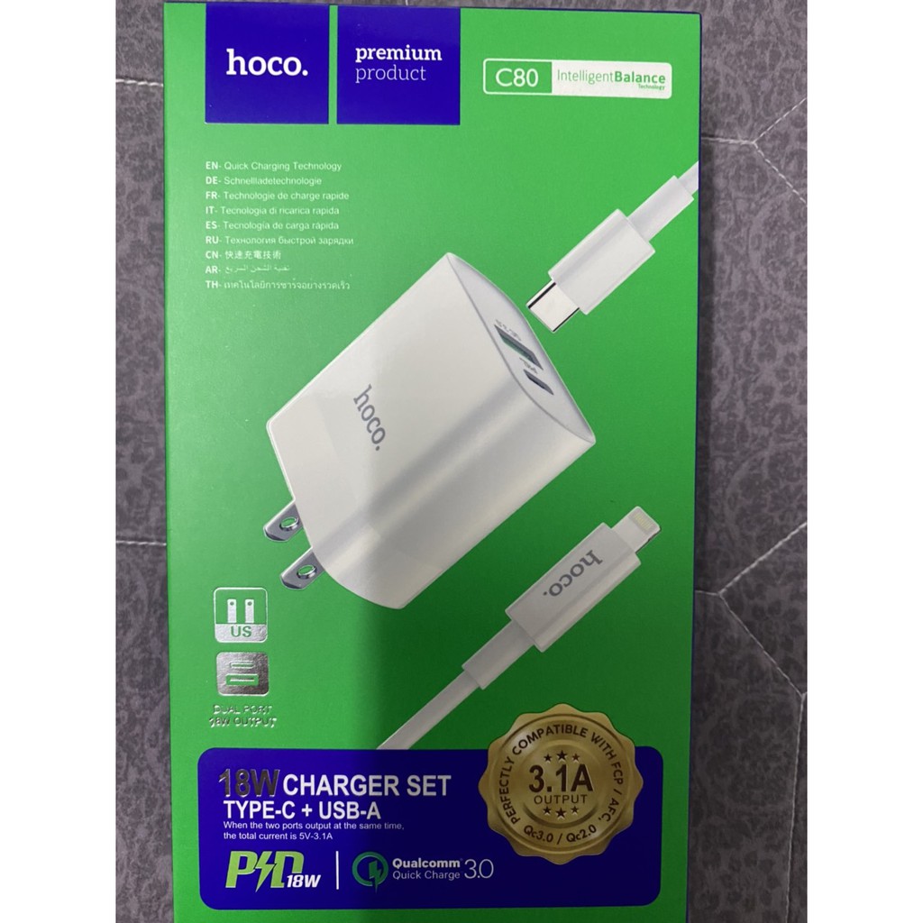 Bộ Sạc Nhanh IPhone/Android PD20W/QC3.0 Hoco C80 Chính Hãng 2 Cổng USB Và Type C Kèm Cáp Type C To Lightning PD 1M