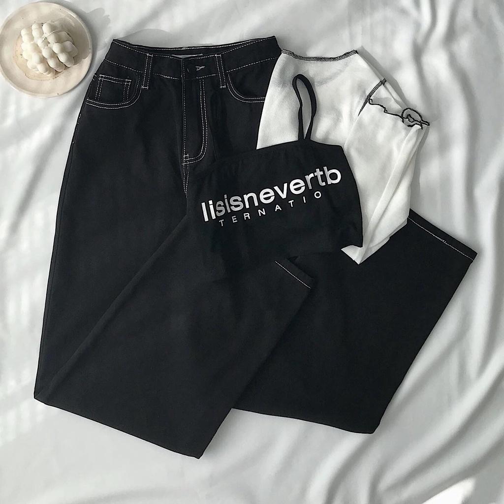 [ HỚN HỞ ] QUẦN JEANS ỐNG RỘNG NỮ LƯNG CAO LAI CUỐN MÀU ĐEN CHỈ NỔI FORM DÀY DẶN MỀM MỊN CAO CẤP NITI PHONG CÁCH NỔI BẬT