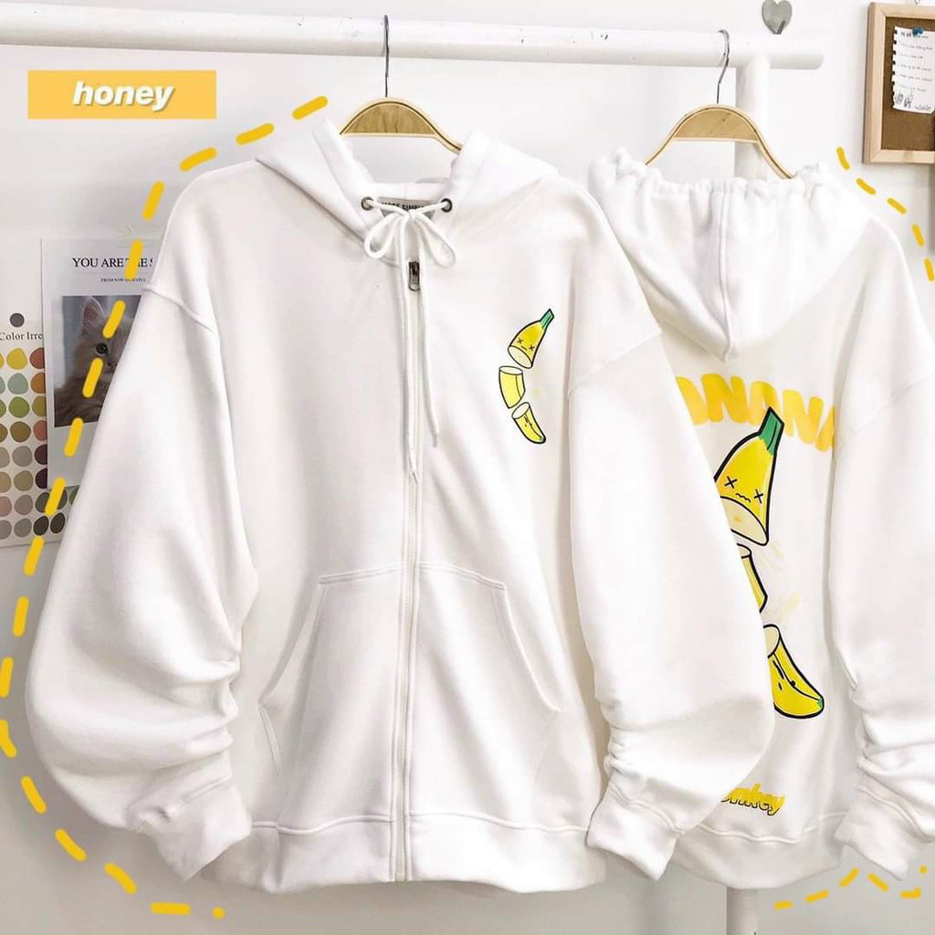 [Hình Thật] Áo Khoác Hoodie Nữ Có Mũ Form Rộng In Chuối,  Áo Khoác Nữ Vải Nỉ Bông Nhiều Màu