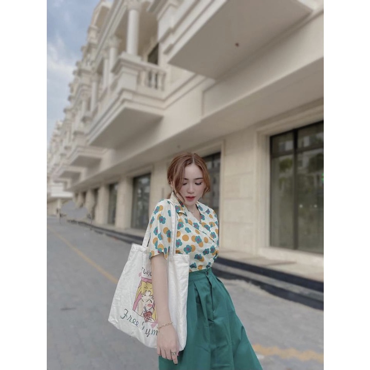 Set chân váy áo sơ mi cúc họa mi ngắn tay chân váy dài LT310