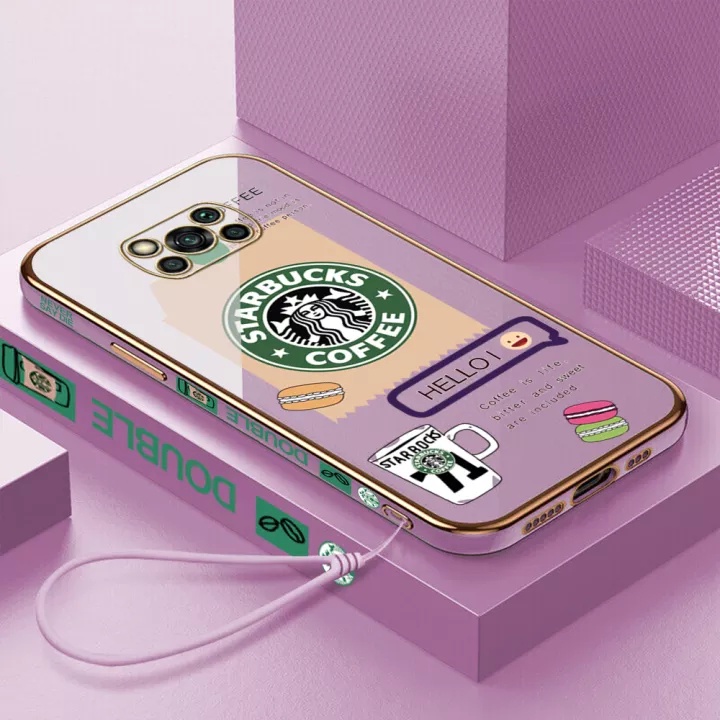 Ốp Điện Thoại Hình Vuông Mạ Chrome Họa Tiết Starbucks Cho Xiaomi POCO X3 X3PRO X3 NFC M3 Redmi 5PLUS Note5 Redmi10C 9A 9C 8 8A