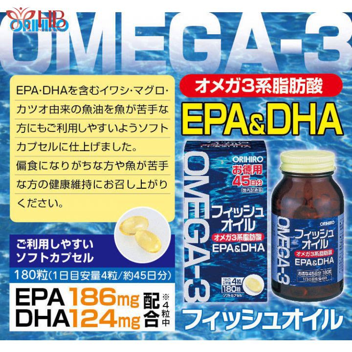 Dầu cá Omega 3 EPA & DHA Orihiro Nhật Bản hộp 180 viên