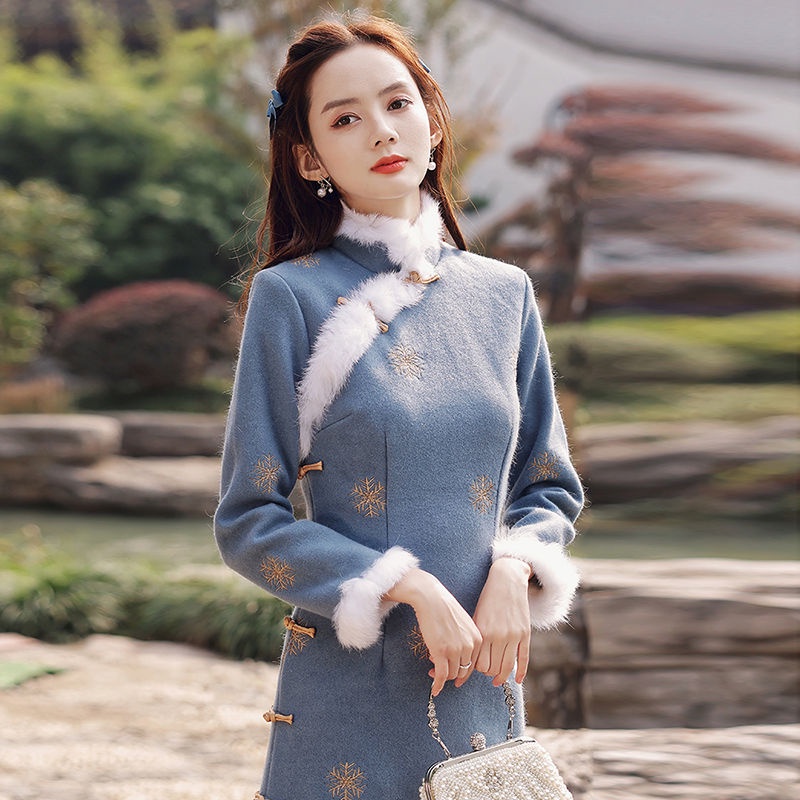 Đầm Sườn Xám Cách Tân Tay Dài Bằng Lông Thỏ Nhân Tạo Phong Cách Trung Hoa Thời Trang Mùa Đông 2022 Mới