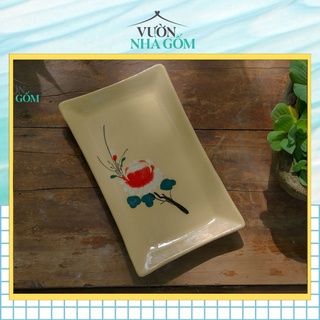 Dĩa chữ nhật vẽ hoạ tiết bông đỏ , Đĩa gốm cao cấp, Gốm nam bộ- Vườn Nhà Gốm