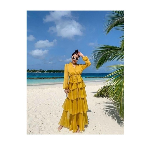 Maxi voan vàng tay dài, đầm váy form dài tầng đơn giản sang trọng quý phái, thời trang nữ đi chơi/biển du lịch hình thật
