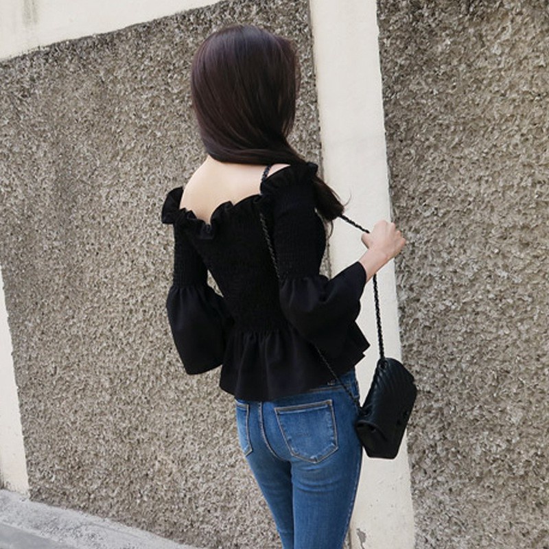 Áo trễ vai tiểu thư JUNE tay xoè chun ngực chất thô cao cấp