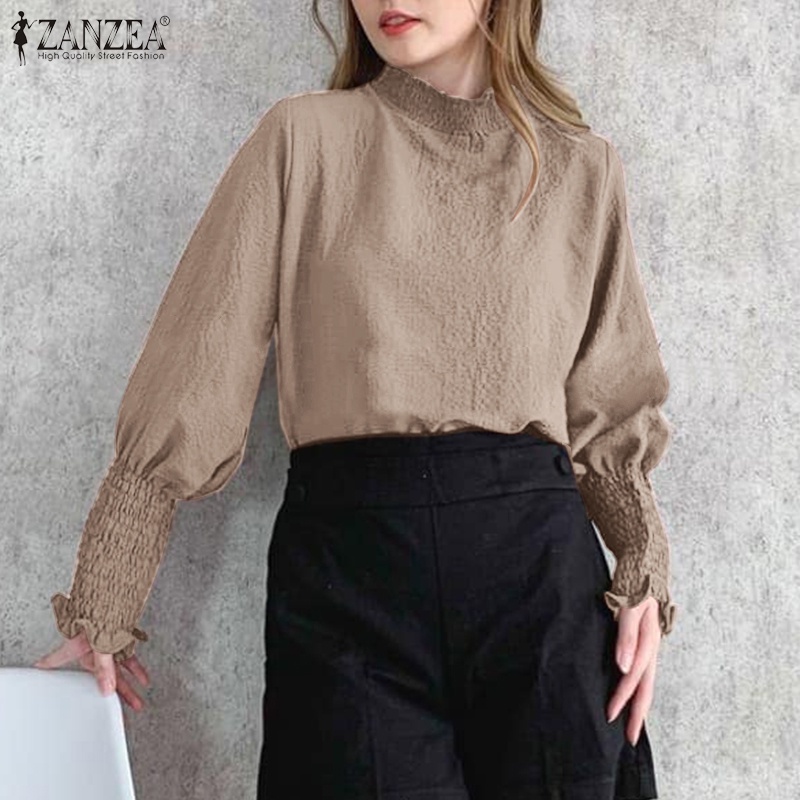 Áo kiểu Zanzea tay dài cổ đứng màu trơn thiết kế xếp ly phong cách vintage thời trang cho nữ
