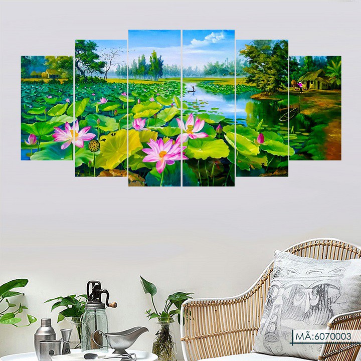 Bộ 6 Tấm Tranh Ghép treo tường Phong Cảnh Đầm Hoa Sen Hồng Đồng Quê phòng khách ngủ cầu thang trang trí đẹp nhà cửa