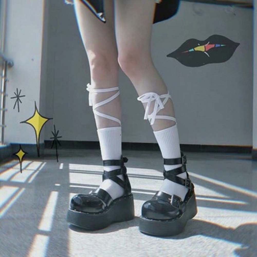 Vớ cột dây, tất cotton cổ cao dây lụa mềm mại phong cách Nhật Bản dành cho nữ lolita gothic