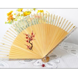 ( 150 ) Quạt cổ trang dây tuyến cổ đại mẫu HOA ĐÀO NỀN TRONG màu trắng kim tuyến quà tặng trang trí xinh xắn
