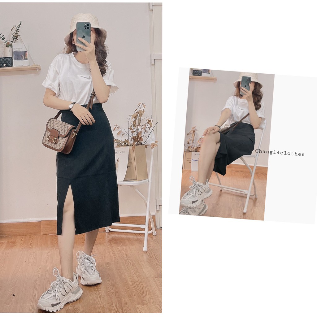 Chân váy lụa trơn dài xẻ tà trước