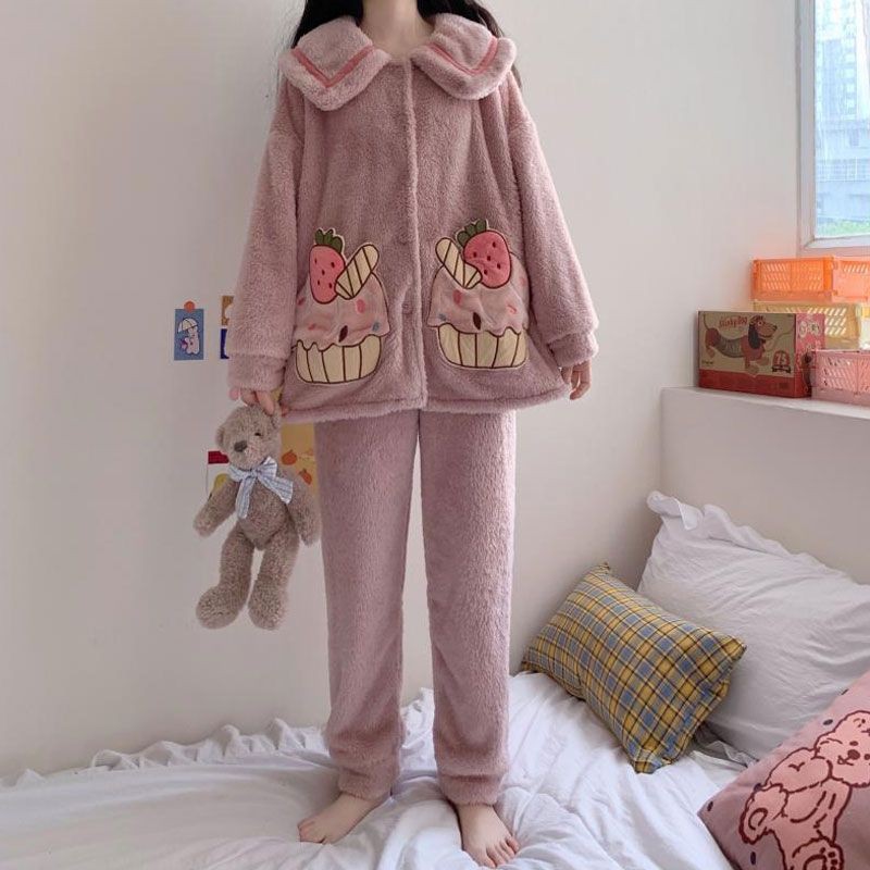 Bộ ngủ bông túi bánh kem hồng cổ bẻ nữ chất dày dặn lông mềm mịn thích hợp cho thời tiết mùa đông se lạnh