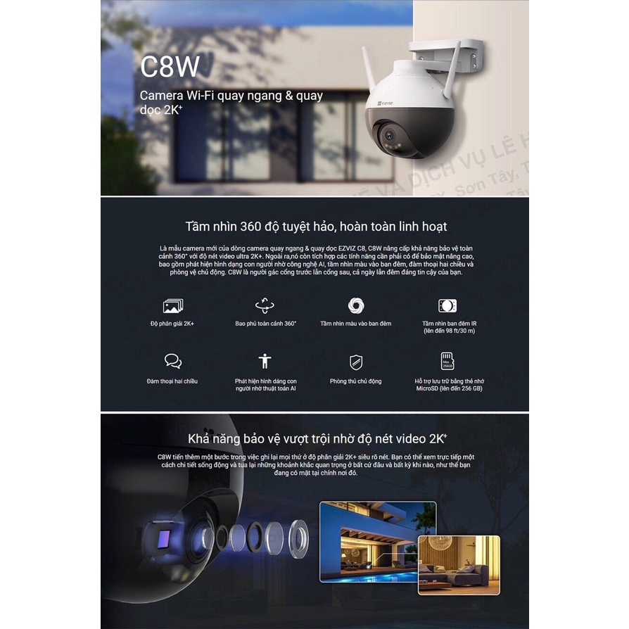 Camera ezviz C8W C8C quay 360 độ ngoài trời, tích hợp AI, ban đêm có màu, cảnh báo chống trộm