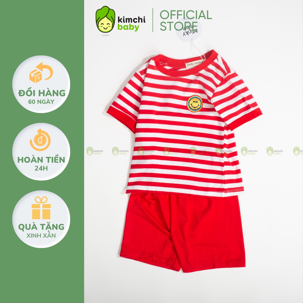 Đồ Bộ Bé Gái, Bé Trai Minky Mom Vải Sọc Dệt Kẻ Ngang Thêu Mặt Cười, Bộ Cộc Tay Mặc Nhà Cho Bé MKM2211