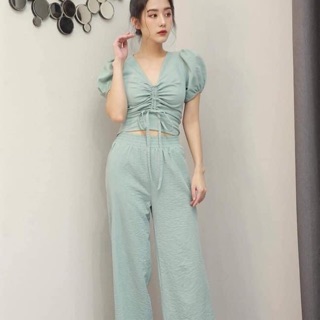 Set bộ áo rút ngực mix quần ống suông đũi cực mát