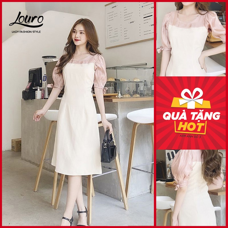 Váy đầm công sở Louro L2100, ẢNH THẬT, váy đầm phối tay cột nơ, hai màu kết hợp