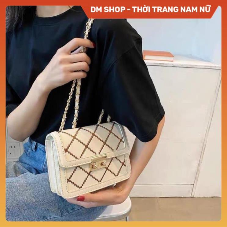 Túi xách nữ đeo chéo nữ 3 ngăn kẻ caro siêu xinh, Túi Sách đeo vai màu trắng kem dây da luồn xích phong cách Hàn quốc