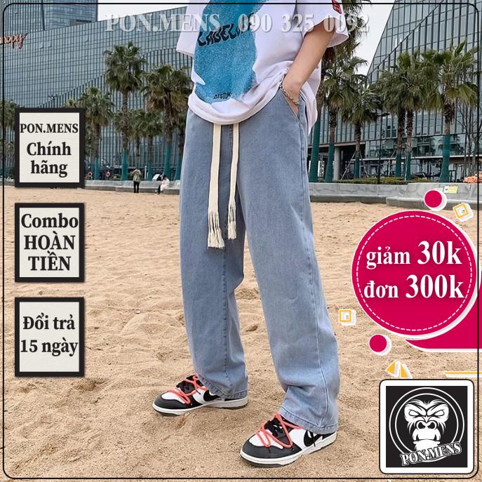 Quần jean ống suông nam nữ rộng lưng chun màu xanh pon.mens hà nội