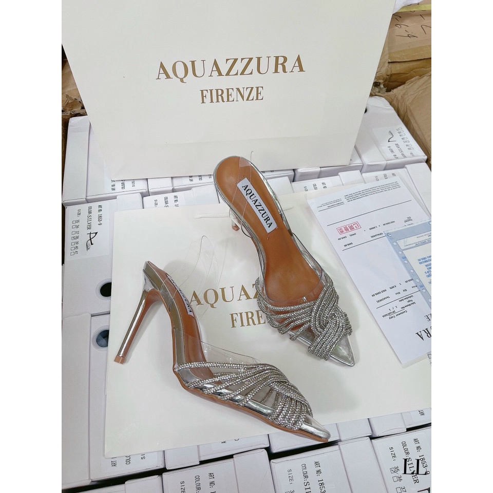 Sandal mica mũi nhọn gắn đá đan chéo gót nhọn fullbox hàng quảng châu cao cấp