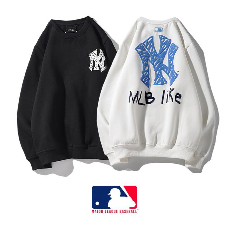 MLB Áo Sweater Vải Cotton Cổ Tròn In Họa Tiết Cá Tính Cho Nam Nữ