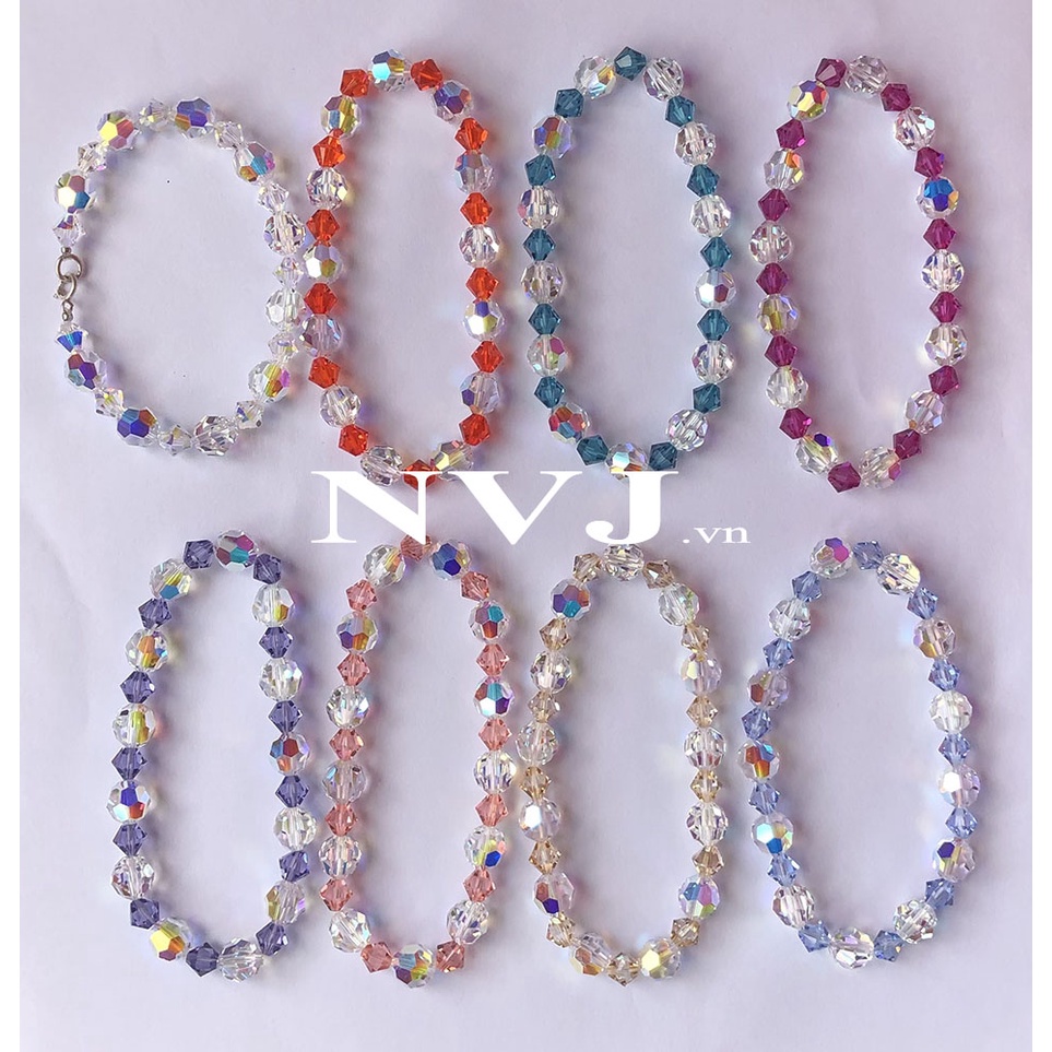 Pha lê Áo Swarovski cao cấp chính hãng - Vòng tay hạt tròn 8ly & nón 6ly nhiều màu tùy chọn, khóa tròn bạc 925