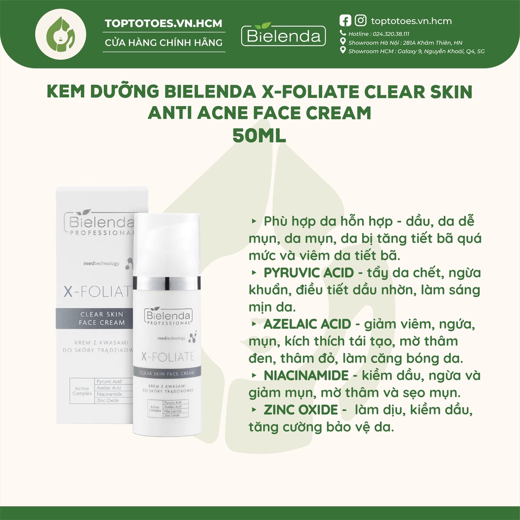 Kem dưỡng giảm mụn, mờ thâm Bielenda Professional X-Foliate Clear Skin Anti Acne Face Cream 50 ml
