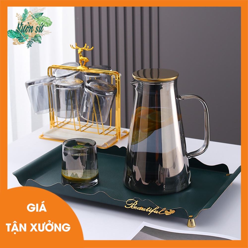 Bộ bình nước thủy tinh kèm khay và giá úp cốc cao cấp – VS147