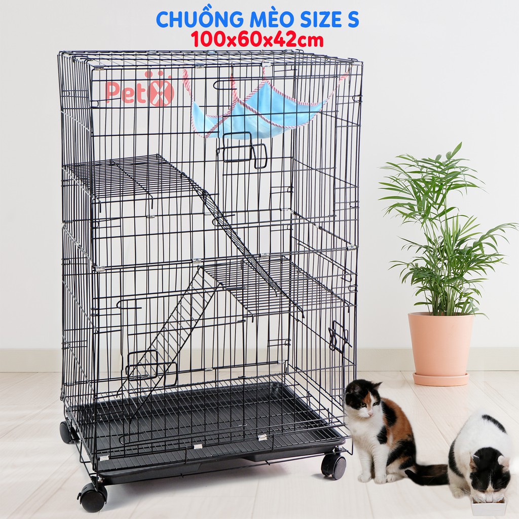 Chuồng mèo 3 tầng to đẹp giá rẻ bằng sắt, thép sơn tĩnh điện kèm võng, khay nhựa nhiều màu nuôi 2 con cao 100cm size S