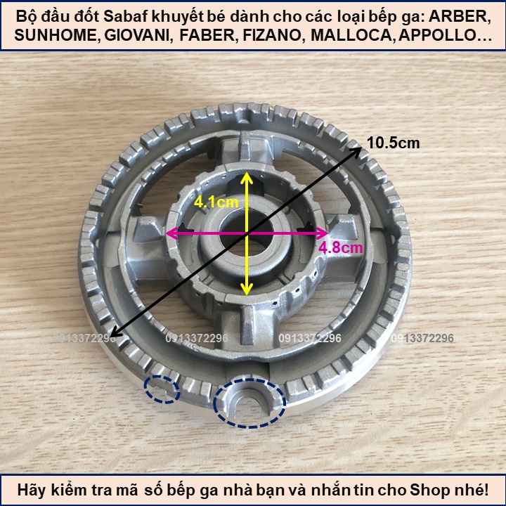 Bộ Đầu Đốt Sabaf Chia Lửa Chân Khuyết Bên Nhỏ Bếp Ga Âm ARBER, SUNHOME, GIOVANI, FABER, FIZANO, MALLOCA, APPOLLO...