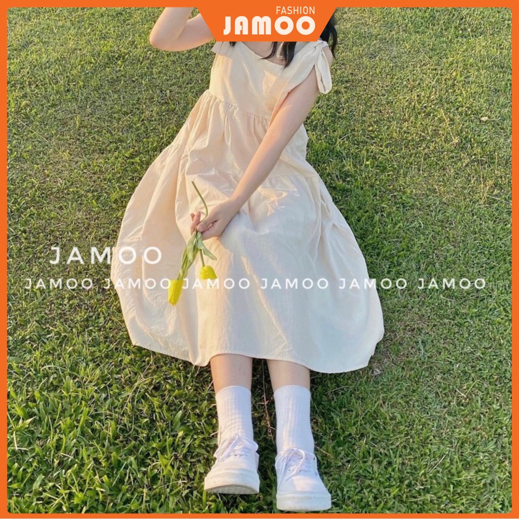 Đầm thô Babydoll Ulzzang dáng dài_ Váy hai dây buộc vai Jamoo