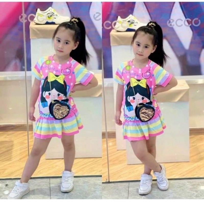 Bộ áo tay ngắn + váy quần thun lạnh 3d hàng shop cho bé gái size đại