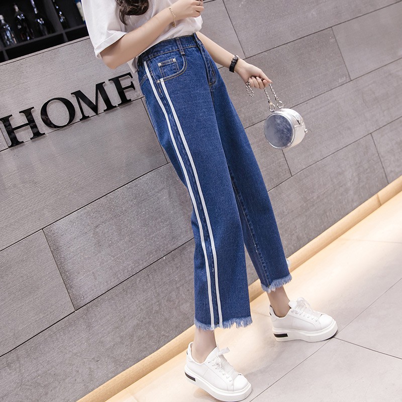 Quần Jeans Nữ Ống Rộng Phối Sọc Cao Cấp OHS3042