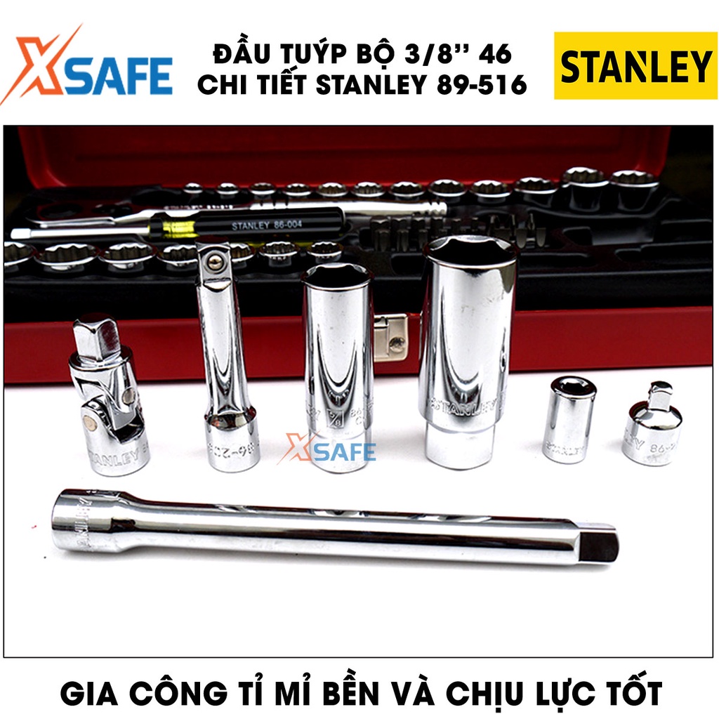 Đầu tuýp bộ 3/8 INCH 46 chi tiết STANLEY 89-516 thép CR-V cao cấp Đầu tiếp Stanley kèm hộp sắt chắc chắn, chịu lực tốt
