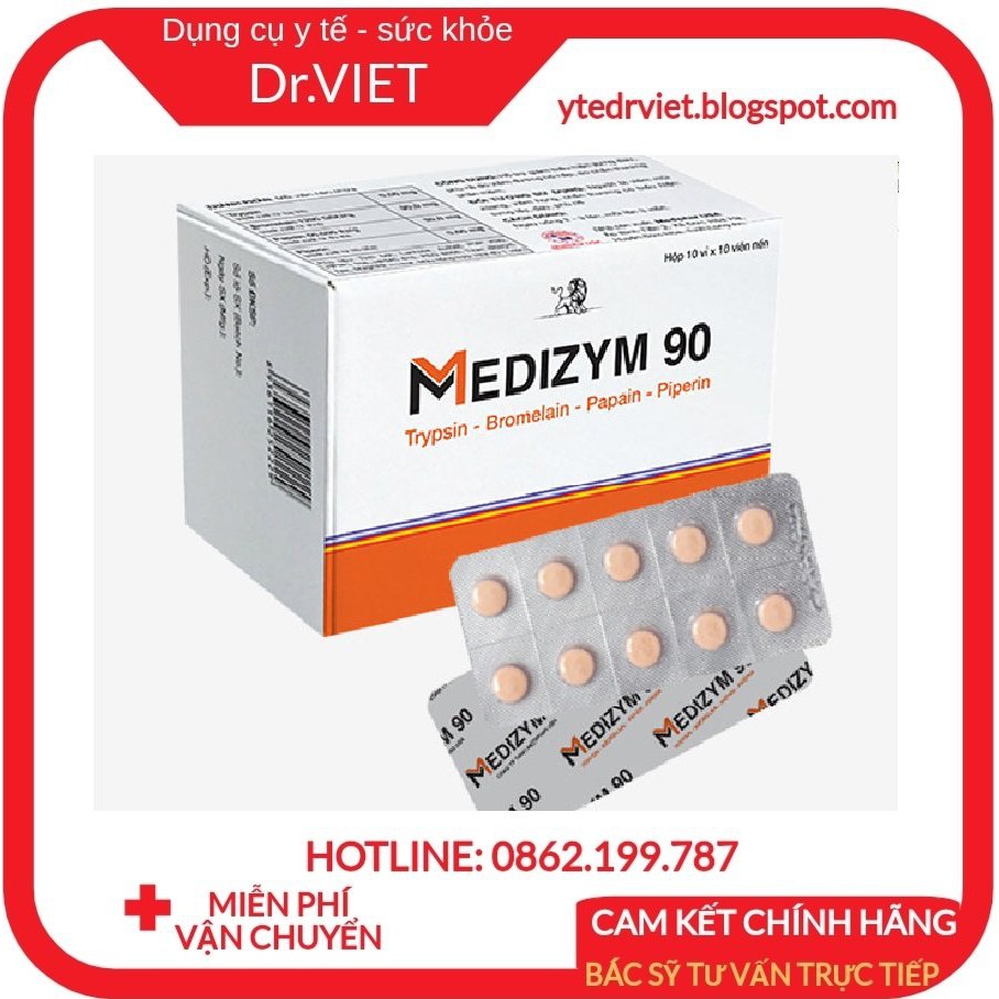 MEDIZYM 90- Hộp 100 viên Hỗ trợ giảm sưng, đau họng, viêm đường hô hấp, phù nề do chấn thương, đau khớp, nghẽn mạch vành