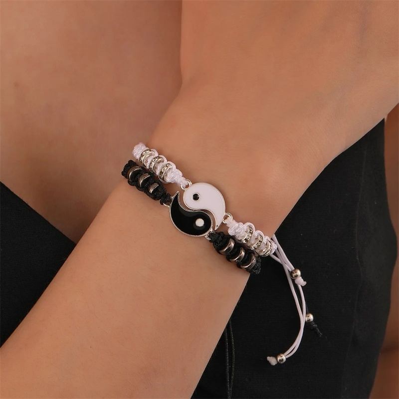 Set 2 Vòng Tay / Dây Chuyền Mặt Âm Dương Dây Bện Màu Trắng Đen Phong Cách Âm Dương Cổ Điển Cho Cặp Đôi