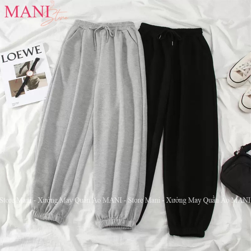 Quần jogger nữ dài có dây rút vải nỉ da cá thun trơn form ống rộng boom unisex bo gấu đen xám mặc ở nhà tập gym thể thao
