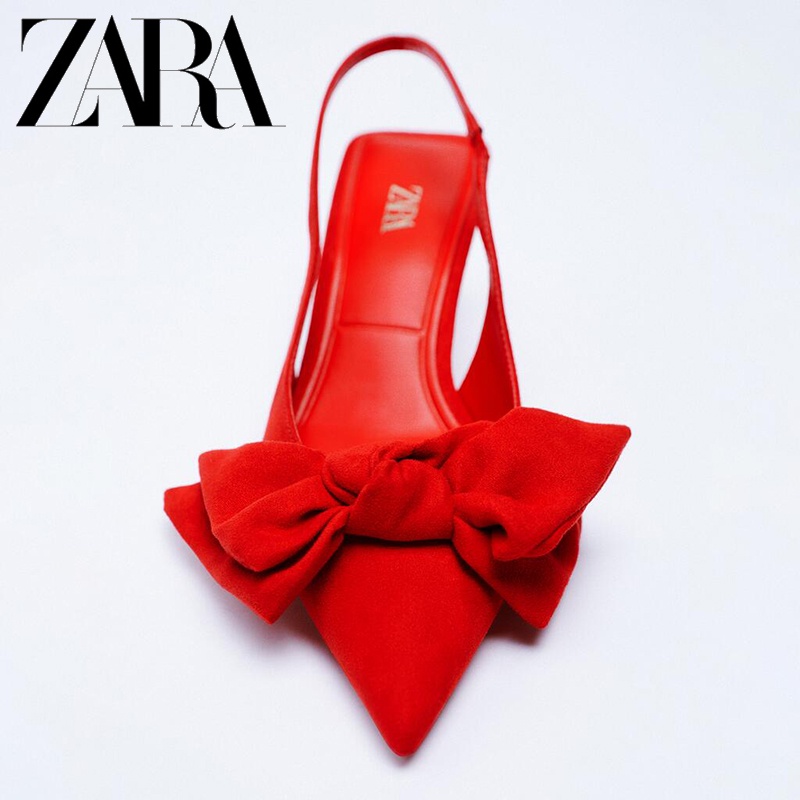 Zara Giày Cao Gót Da Lộn Đính Nơ Xinh Xắn Cho Nữ