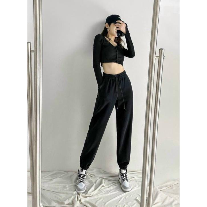 Quần nỉ nữ ống rộng bo gấu chất vải da cá dày dây rút cạp thun chun 2 màu siêu xinh
