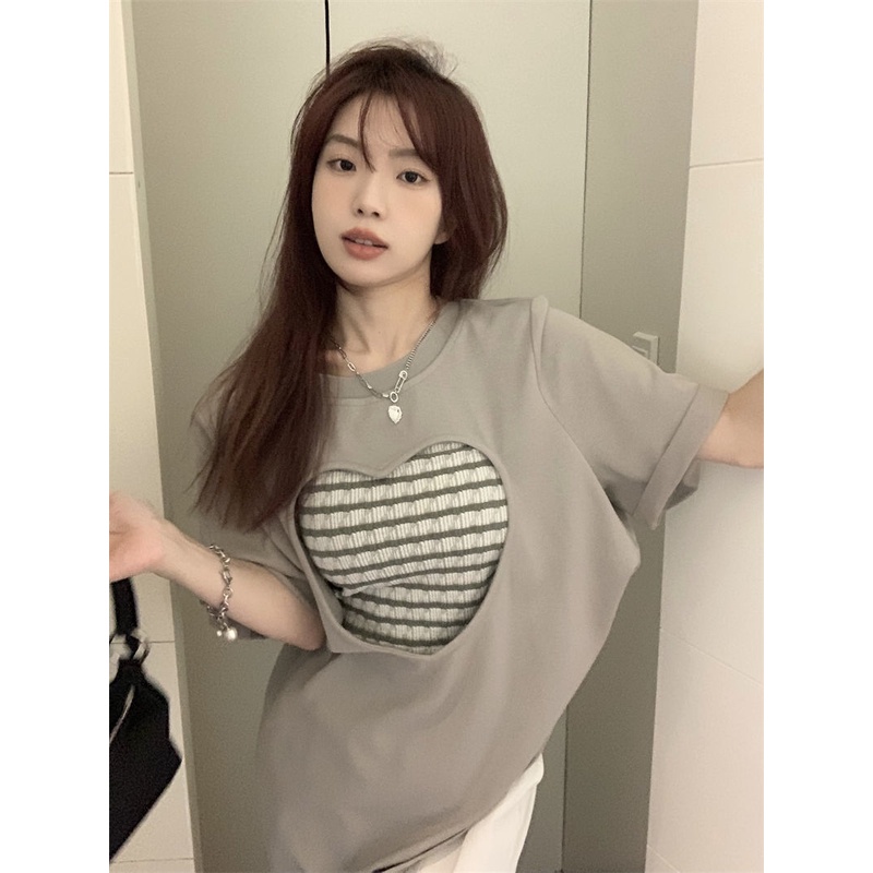 Áo Thun Nữ Ngắn Tay In Hình Trái Tim Phong Cách Mới