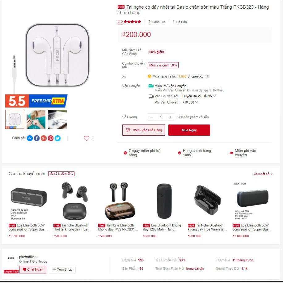 Tai nghe có dây nhét tai Basic chân tròn màu Trắng PKCB35 - Hàng chính hãng
