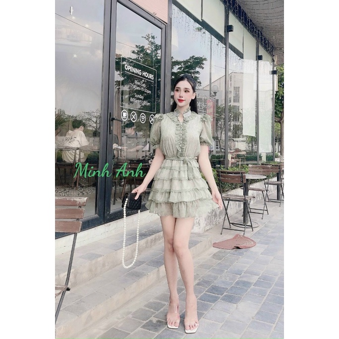 Đầm Voan Trơn Cộc tay Công Chúa Cao Cổ Đuôi Váy Xòe Tầng Thắt Nơ Bụng - Vải Chiffon