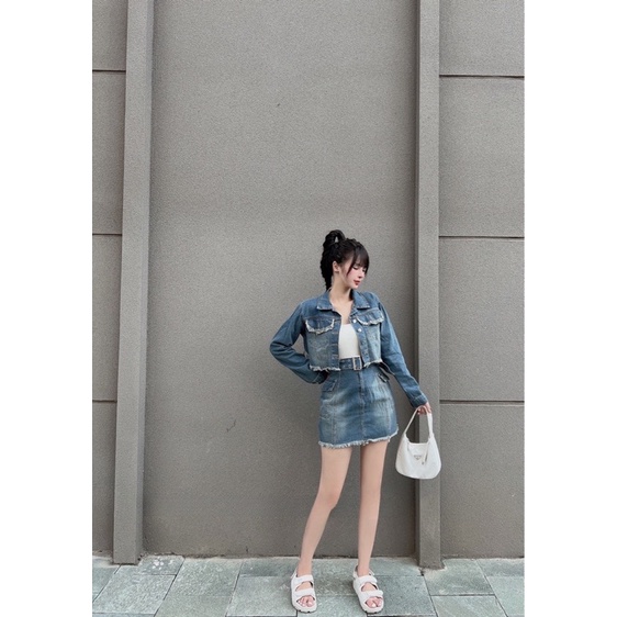 Set áo khoác jean + chân váy kèm đai hàng QCL1