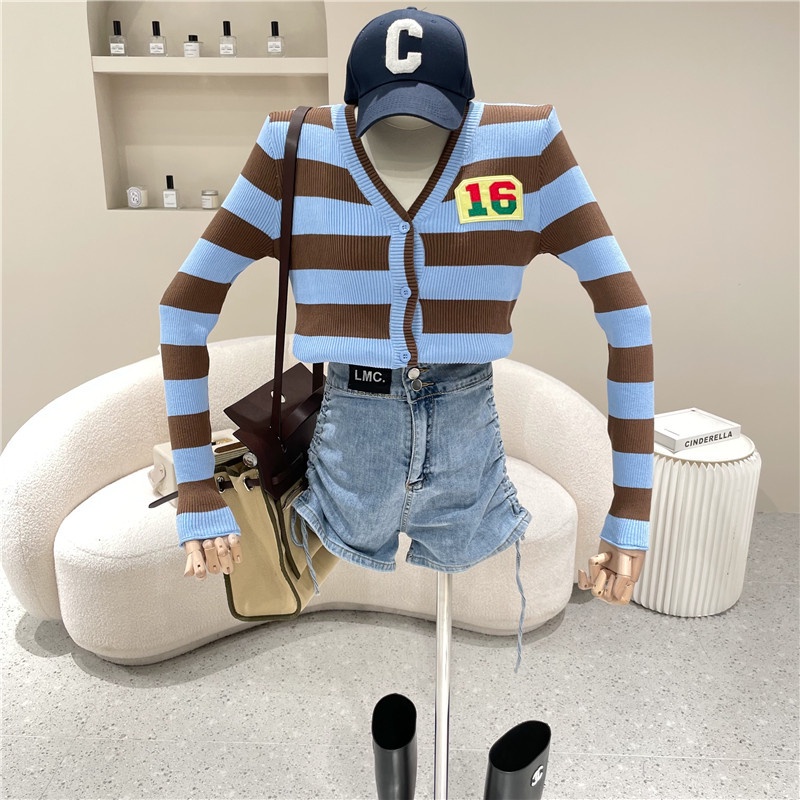 SUXI Áo Len Tay Dài Cổ Chữ V Họa Tiết Kẻ Sọc Phong Cách Retro Hàn Quốc