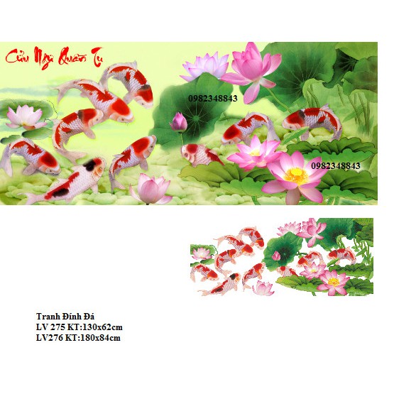 Tranh đính đá cá cửu ngư quần hội KT:130x62cm,180x84cm. Tranh gắn đá tự làm.