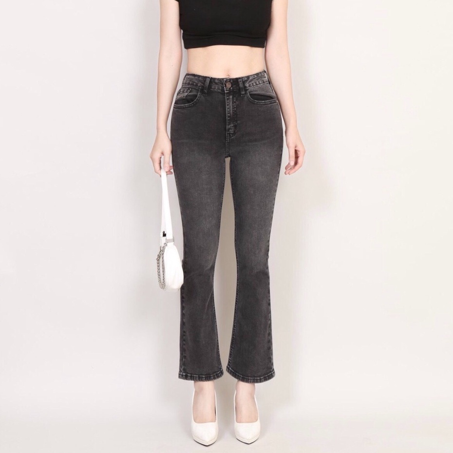 Quần Jean Nữ Ống Loe Xám Khói Cạp Cao Vải Xuất Xịn Co Giãn Gấu Thường CT Jeans