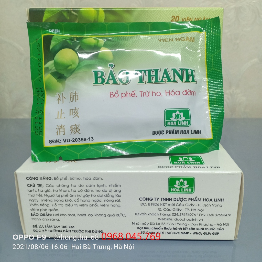 Viên ngậm BẢO THANH hộp 20 viên bổ phế, trừ ho, hóa đờm